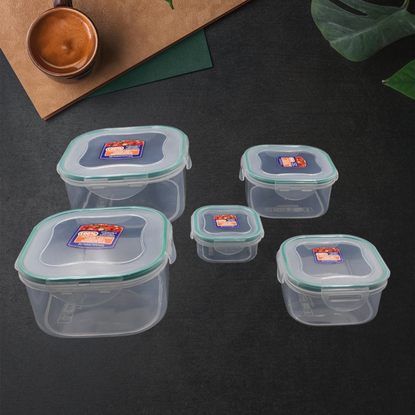 Plastic kitchen containers set, snap-seal, 5 pieces.