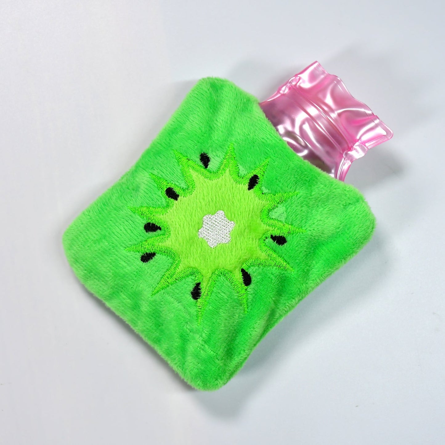 Green hot water bag with sun design for relieving menstrual cramps