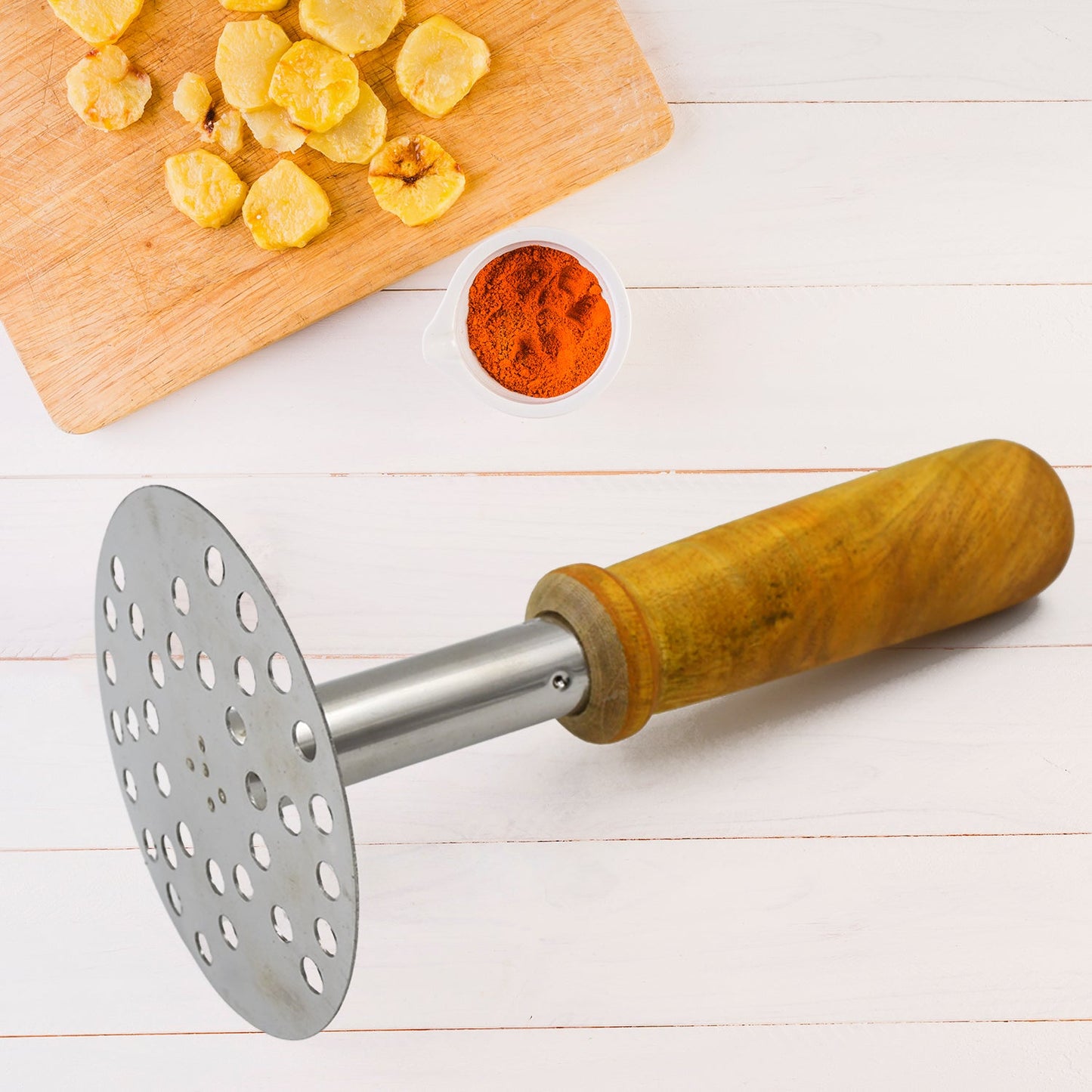 High Grade Stainless Steel Potato Masher Paubhaji / Pav Bhaji Masher with Wooden handle (1 Pc)