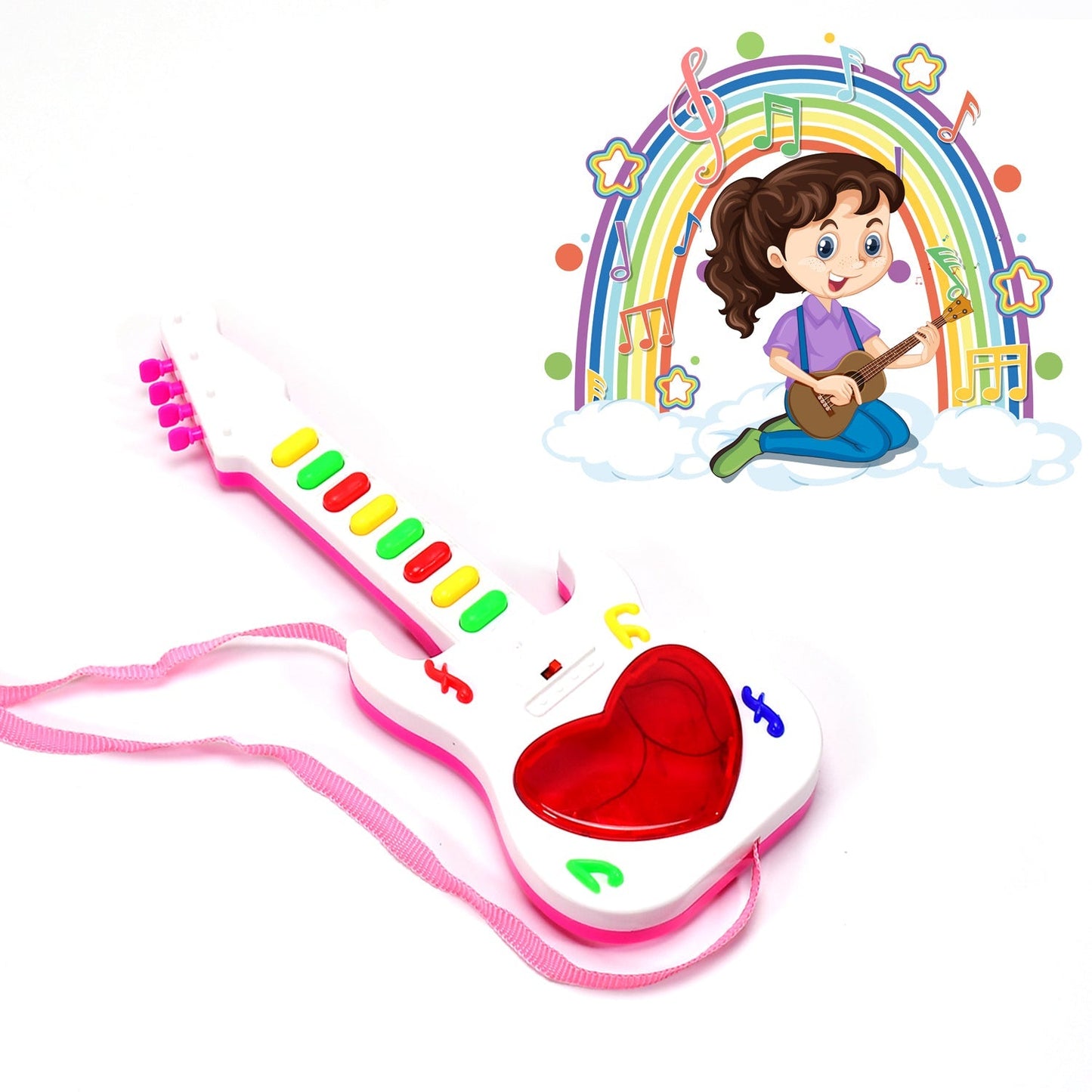 Colorful mini guitar toy with music for kids.