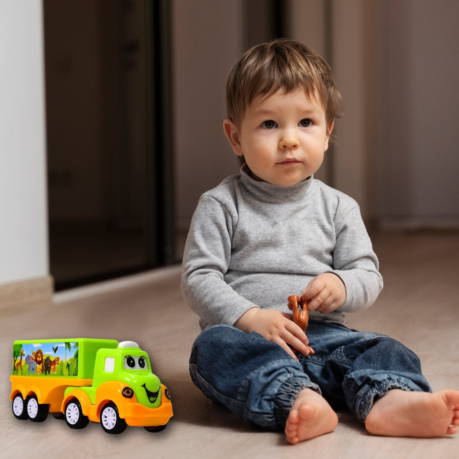 Green and yellow toy truck, small and vibrant