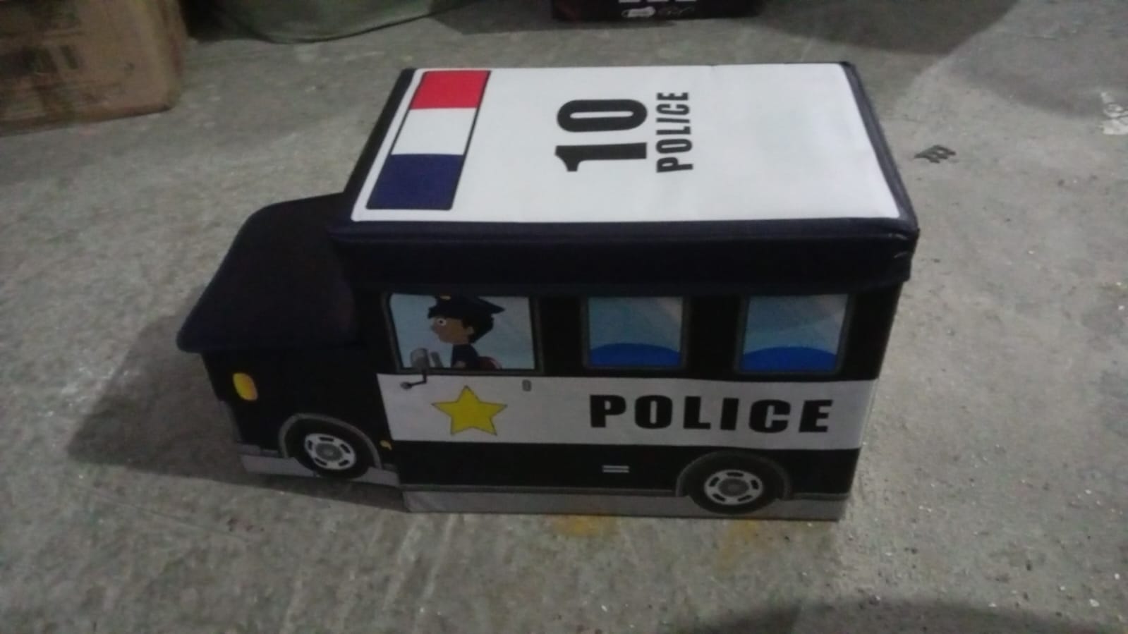 Toy box with bus design and lid, perfect for storing books, games, and clothes