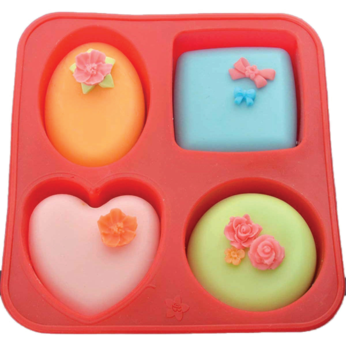 Silicone mold set with different shapes, ideal for soap or mini cake crafting.