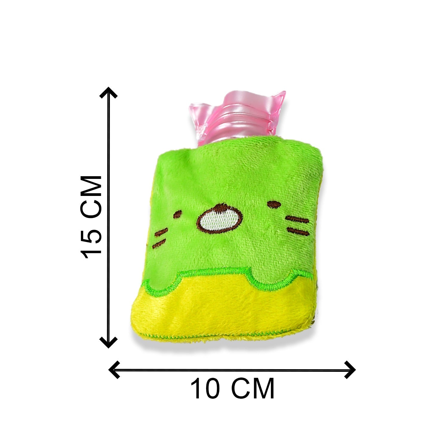 Small hot water bag with green Kitty design for various pains