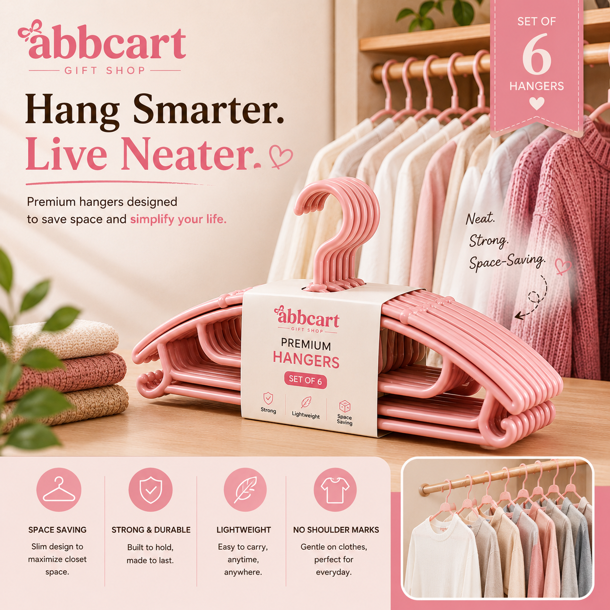 Abbcart Set of 6 Durable Plastic Cloth Hangers