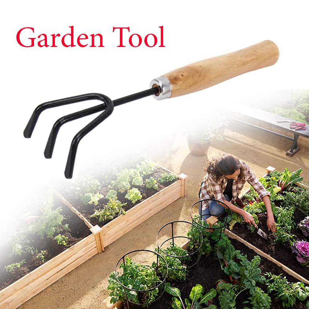 Black steel hand cultivator for gardening tasks.