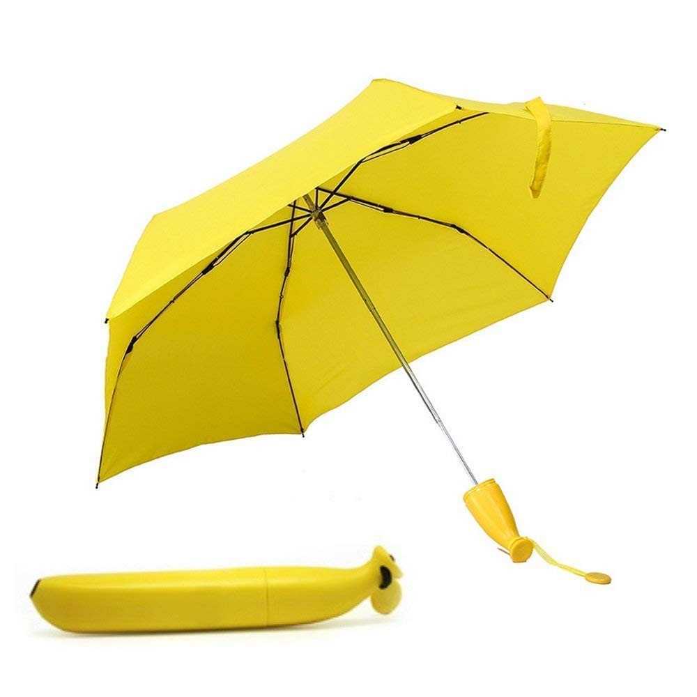 Banana-shaped mini umbrella, foldable and trendy design.