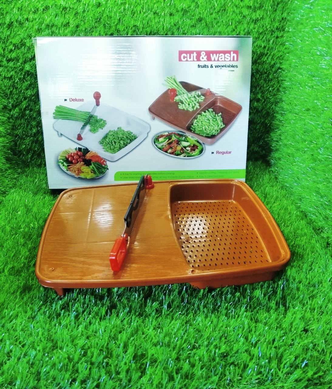 Fruit and vegetable prep box with tray, used for cutting and washing in the kitchen.