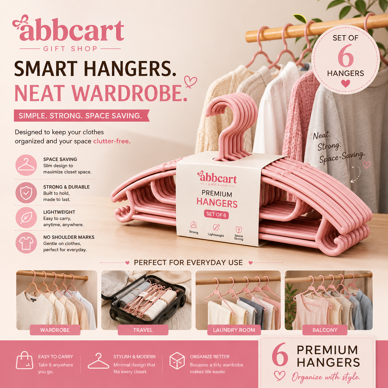 Abbcart Set of 6 Durable Plastic Cloth Hangers