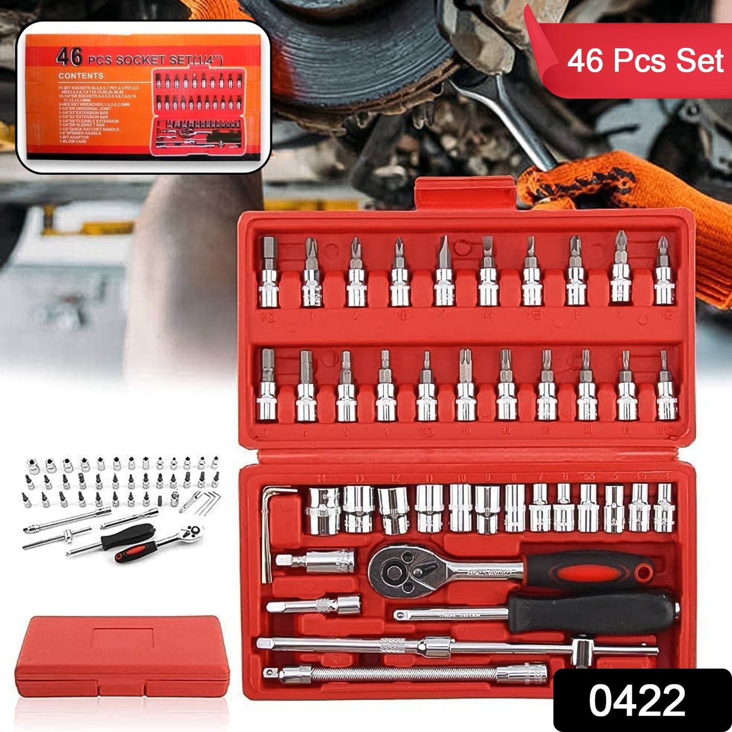 Socket 1 / 4 Inch Combination Repair Tool Kit (Red, 46 pcs)